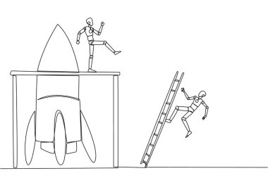 Sürekli bir çizgi çizerek robot, rokete merdivenle tırmanan rakibini tekmeliyor. Yeni bir iş açamamak. İş arkadaşım tarafından aldatıldım. Hainsin. Tek çizgi çizimi tasarım vektör çizimi