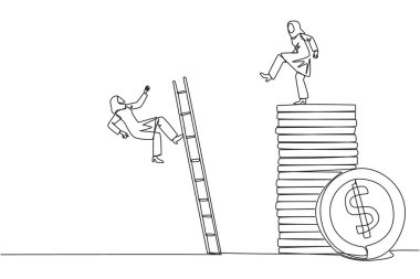 Arap iş kadınlarının sürekli çizdiği tek çizgi merdivenle bozuk para yığınına tırmanan rakiplerini tekmeliyor. Servet hırsı. Silah arkadaşlarınızı unutuyorsunuz. Hainsin. Bir çizgi tasarımı vektör illüstrasyonu