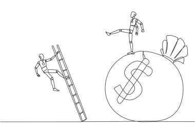 Tek sıra halinde, merdivenle para çantasına tırmanan akıllı robot tekme atıyor. Bir iş ortağı tarafından aldatılmış. Kârsız iş. Rakibim. Bir çizgi tasarımı vektör illüstrasyonu