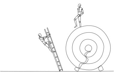 Tek sıra çizen robot, hedef tahtaya merdivenle tırmanan meslektaşını tekmeliyor. İş yok edicilerden kurtulma metaforu. Devamlı çizgi tasarımı grafik çizimi