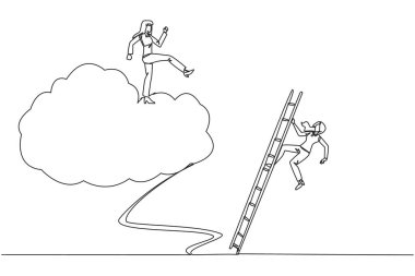 Tek sıra halinde, iş kadını merdivenle buluta tırmanan rakibi tekmeliyor. İş hayatında mükemmel bir başarı. Rakiplerini herhangi bir şekilde alaşağı et. Bir çizgi tasarımı vektör illüstrasyonu