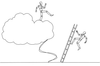 Tek sıra halinde akıllı robot, buluta tırmanan rakibini merdivenle tekmeliyor. İş hayatında mükemmel bir başarı. Rakiplerini herhangi bir şekilde alaşağı et. Devamlı çizgi tasarımı grafik çizimi