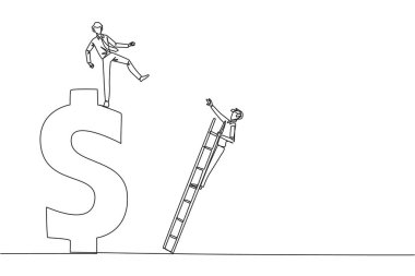 Bir dolar sembolüne merdivenle tırmanan rakip işadamını tekmeleyen tek sıra. Sağlıksız rekabet. İndirmek için sert yöntemler kullanıyor. Bir çizgi tasarımı vektör illüstrasyonu