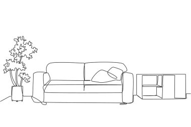 Tek sıra halinde, modern mobilyaları olan şık bir oda. Oturma odası için rahat bir kanepe. Onur konukları. Temiz ve temiz. Minimalist bir kavram. Devamlı çizgi tasarımı grafik çizimi