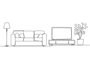 Mobilyaları modern olan şık bir oturma odası çizmeye devam et. Modern minimalist. Işık ve televizyon için zemin lambasıyla donatılmış. Tek çizgi çizimi tasarım vektör çizimi