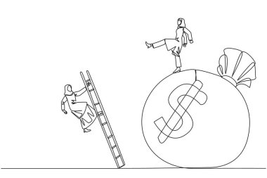 Aralıksız tek sıra çizen Arap iş kadını para çantasına merdivenle tırmanan rakibi tekmeliyor. Bir iş ortağı tarafından aldatılmış. Kârsız iş. Rakibim. Tek çizgi çizimi tasarım vektör çizimi