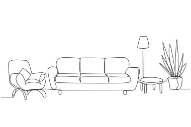 Tek sıra halinde, modern mobilyalarla şık oturma odaları çiziyor. Modern minimalist tasarım. Işık ve koltuk gereksinimleri için zemin lambalarıyla donatılmış. Bir çizgi tasarımı vektör illüstrasyonu