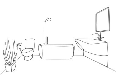 Tek sıra halinde, dinlenme yerinde banyo çiziyor. Mini küvet. Zarif minimalist tasarım. Temiz ve temiz. Temizliği ve temizliği muhafaza edin. Devamlı çizgi tasarımı grafik çizimi