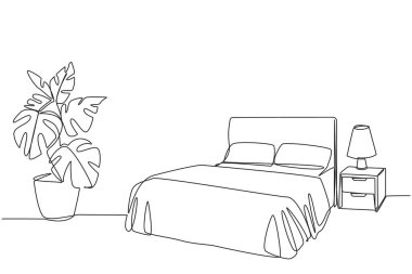 Tek sıra halinde, modern mobilyaları olan şık bir yatak odası. Modern minimalist tasarım. Rahat bir yatağı olan rahat bir yatak odası. Samimi bir oda. Devamlı çizgi tasarımı grafik çizimi