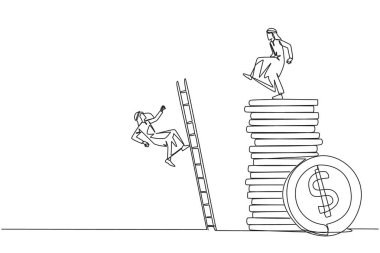 Tek sıra halinde, Arap işadamı merdivenle bozuk para yığınına tırmanan rakibini tekmeliyor. Servet hırsı. Silah arkadaşlarınızı unutuyorsunuz. Hain. Bir çizgi tasarımı vektör illüstrasyonu