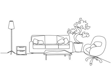 Single continuous line drawing stylish living room with furniture modern. Equipped with floor lamp for lighting needs and armchairs. Scandinavian interior design. One line design vector illustration clipart