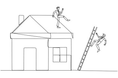 Tek sıra halinde duran işadamı, minyatür bir eve merdivenle tırmanan rakibini tekmeliyor. Müteahhitler tarafından yapılan dolandırıcılık metaforu. Kötü iş. Bir çizgi tasarımı vektör illüstrasyonu
