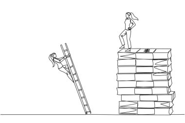 Devamlı bir çizgi çizen iş kadını, banknot yığınını merdivenle tırmanan rakibi tekmeliyor. Birlikte mücadele edin ama tek başınıza büyük kar elde etmek isteyin. Tek çizgi çizimi tasarım vektör çizimi