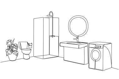 Tek bir resimde minimalist düzen çizmeye devam et. Aynı odada çamaşır makinesi, duş ve tuvalet var. Düzgün ve temiz. Minimalist. Tek çizgi çizimi tasarım vektör çizimi