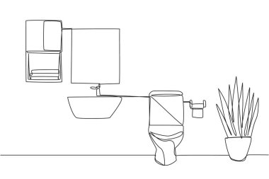 Tek sıra halinde, modern mobilyalarla şık bir banyo çiziyor. İyi bakımlı kuru banyo. Hijyenik banyo. Basit bir tasarım. - Temiz. Bir çizgi tasarımı vektör illüstrasyonu