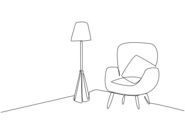 Tek sıra halinde, modern mobilyaları olan şık bir oda. Moda tarzı olan minimalist bir oda. Yan yana rahat bir kanepe, yer lambasıyla. Samimi. Devamlı çizgi tasarımı grafik çizimi