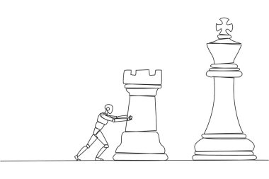 Akıllı robot teknolojisi çizen tek çizgi büyük kale satranç taşına basar. İş stratejisi ve pazarlama planı. İş konseptinde stratejik bir hamle. Devamlı çizgi tasarımı grafik çizimi