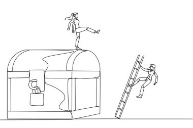 Tek sıra halinde işkadını, hazine sandığına merdivenle tırmanan rakibi tekmeliyor. Servet hırsı. İhanet. Haksız iş rekabeti. Devamlı çizgi tasarımı grafik çizimi