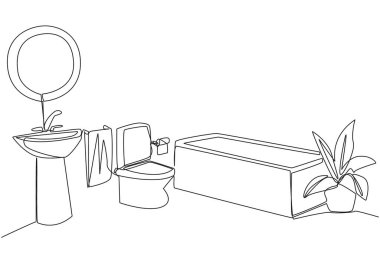 Tek sıra halinde, modern mobilyalarla şık bir banyo çiziyor. Kuru ve ıslak tuvaletler. Hijyenik olması için ekstra özen gösteriyorum. Basit bir banyo. Bir çizgi tasarımı vektör illüstrasyonu