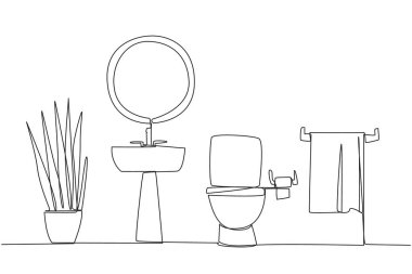 Mobilyalarla dolu şık tuvaletler çizmeye devam et. Basit görünüşlü, minimalist bir bölge. Kuru tuvalet konaklama yerinde. Tek çizgi çizimi tasarım vektör çizimi