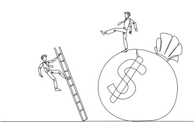 Tek sıra halinde iş adamı, para çantasına merdivenle tırmanan rakibini tekmeliyor. Bir iş ortağı tarafından aldatılmış. Kârsız iş. Rakibim. Devamlı çizgi tasarımı grafik çizimi