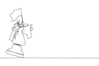 Devamlı bir çizgi çizen robot gelecek teknolojisi büyük bir satranç atına biniyor ve bayrak tutuyor, strateji, rekabetçi, iş konseptinde stratejik hamle. Tek çizgi çizimi tasarım vektör çizimi