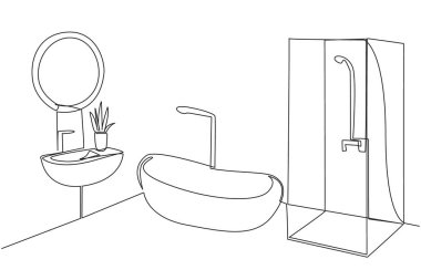 Mobilyaların modern olduğu şık banyolar çizmeye devam et. Minimalist tuvalet. Duşlu mini banyo. Zarif banyo. Temiz ve temiz. Hijyenik. Tek çizgi çizimi tasarım vektör çizimi