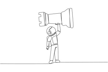 Devamlı bir çizgi, genç astronotları elinde tutarken, satranç taşlarını kaldırırken çekiyor. Başarılı girişimcilik taktikleri, stratejileri, iş dünyasındaki üstünlükleri. Tek çizgi çizimi tasarım vektör çizimi