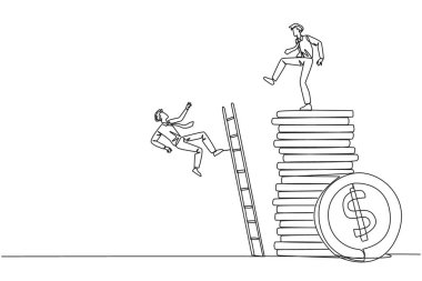 Tek sıra halinde işadamı merdivenle bozuk para yığınına tırmanan rakibini tekmeliyor. Servet hırsı. Silah arkadaşlarınızı unutuyorsunuz. Hain. Bir çizgi tasarımı vektör illüstrasyonu