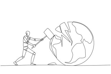 Tek sıra halinde, akıllı robotlar büyük küreyi vurmaya hazırlanıyor. Dünyadan hayal kırıklığına uğradım. İşler daha büyümeden dağılır. En derin öfke. Bir çizgi tasarımı vektör illüstrasyonu