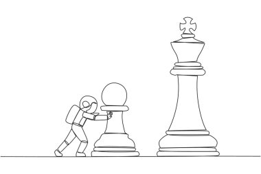 Genç ve enerjik astronotları çeken tek sıra büyük bir piyon satranç taşını itiyor. İş stratejisi ve pazarlama planı. İş konseptinde stratejik bir hamle. Bir çizgi tasarımı vektör illüstrasyonu
