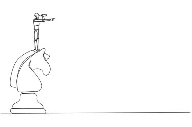 Tek satranç taşının üzerine tek gözlü başarıyı, fırsatları ve gelecekteki iş trendini arayarak akıllı robotik teknolojiyi çizen tek çizgi. Bir çizgi tasarımı vektör illüstrasyonu