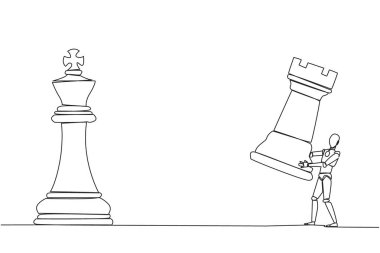 Sürekli çizilen akıllı robot satrancı yenmek için kaleyi tutuyor. Stratejik planlama, iş geliştirme stratejisi, girişimcilik taktikleri. Tek çizgi çizimi tasarım vektör çizimi