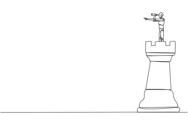 Devamlı bir çizgi halinde robot gelecek teknolojisini tek gözlü satranç taşının üzerine çizerek başarı, fırsatlar ve gelecekteki iş eğilimlerini arıyor. Tek çizgi çizimi tasarım vektör çizimi