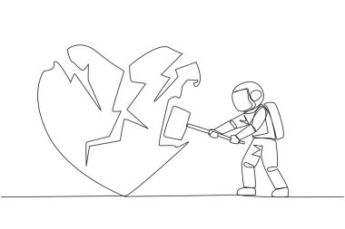 Tek sıra halinde, genç astronotlar büyük kalbe saldırmaya hazırlanıyor. Kırık kalp. Konsantrasyon kaybı. Duygusal bir duygu. Yön yok. Kızgınım. Çılgınlık. Bir çizgi tasarımı vektör illüstrasyonu