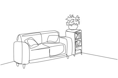 Tek sıra halinde, modern mobilyalarla şık oturma odaları çiziyor. Basit minimalist tasarım. Rahat kanepesi olan rahat bir bekleme odası. Samimi bir oda. Bir çizgi tasarımı vektör illüstrasyonu