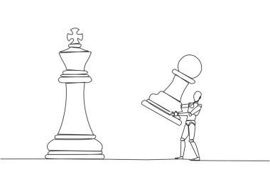 Satrancı yenmek için tek sıra halinde akıllı robot satrancı çekiyor. Stratejik planlama, iş geliştirme stratejisi, girişimcilik taktikleri. Bir çizgi tasarımı vektör illüstrasyonu