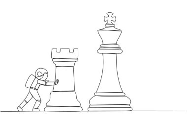 Devamlı genç ve enerjik astronotların çizdiği bir çizgi dev bir kale satranç taşını itiyor. İş stratejisi ve pazarlama planı. İş konseptinde stratejik bir hamle. Tek çizgi çizimi tasarım vektör çizimi