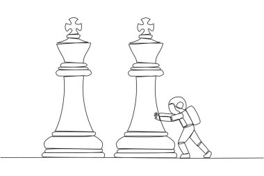 Genç ve enerjik astronotların sürekli çizdiği tek çizgi büyük kral satranç taşını itiyor. İş stratejisi ve pazarlama planı. İş konseptinde stratejik bir hamle. Bir çizgi tasarımı vektör illüstrasyonu