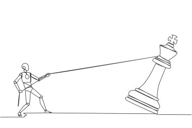 Tek sıra halinde, robotik gelecek teknolojisi, büyük kral satrancı iple çekiyor. İş başarısı hedefi, strateji, rekabetçi, stratejik kavram. Bir çizgi tasarımı vektör illüstrasyonu