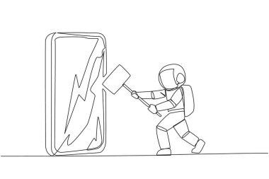 Devamlı bir çizgi halinde genç astronotlar büyük akıllı telefona saldırmaya hazırlanıyor. Teknoloji düzgün kullanılmazsa yıkıcı olabilir. Zeka gereklidir. Tek çizgi çizimi tasarım vektör çizimi