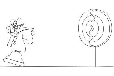 Tek sıra halinde, genç enerjik astronotun elinde okçulukla satranç atının taşını hedef alması, stratejik bir kavram. Başarılı bir işletme yöneticisi. Bir çizgi tasarımı vektör illüstrasyonu