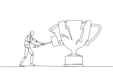 Tek sıra halinde akıllı robotlar büyük kupayı almaya hazırlanıyor. Öfke. Öfkeni dışa vuruyorsun. Kupayı balyozla parçalamak. Başaramadı. Devamlı çizgi tasarımı grafik çizimi