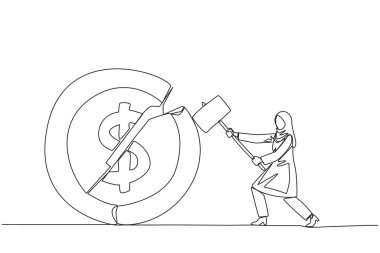Aralıksız tek sıra halinde para basmaya hazırlanan Arap iş kadını dolar sembolü çiziyor. Yeni yatırımcı bulamadı. Gelir elde edemedi. Öfkeni ifade et. Tek çizgi çizimi tasarım vektör çizimi