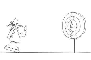 Tek sıra halinde, akıllı robot teknolojisi, okçuluğu elinde tutarak satranç atının taşını hedef alıyor. Stratejik bir kavram. Başarılı bir işletme yöneticisi. Bir çizgi tasarımı vektör illüstrasyonu