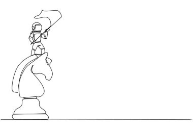 Devamlı bir çizgi halinde genç enerjik astronot büyük at satrancının tepesinde durup bayrak sallıyor. İş başarısı hedefi, metafor kavramı. Tek çizgi çizimi tasarım vektör çizimi