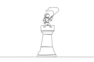 Tek sıra halinde, genç enerjik astronot büyük kale satrancının tepesinde durup bayrak sallıyor. Lider başarı konsepti. Başarılı iş stratejisi. Bir çizgi tasarımı vektör illüstrasyonu