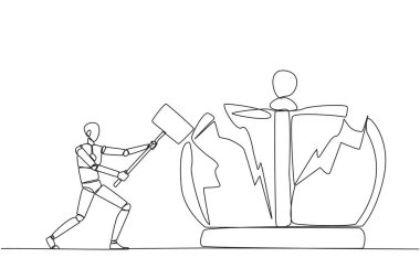 Devamlı bir çizgi halinde akıllı robotlar büyük tacı vurmaya hazırlanıyor. Otoriter krallığın sembollerini yok etmek. İş adamları için adaleti bekleyin. Tek çizgi çizimi tasarım vektör çizimi