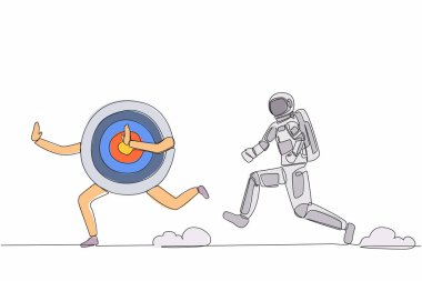 Tek sıra halinde astronot çekerek Ay yüzeyindeki hedef tahtasını takip ediyor. Kesinlik, uzay görevleri için hassas planlama. Uzayın derinliklerinde kozmonot. Bir çizgi tasarım vektörü grafik illüstrasyonu