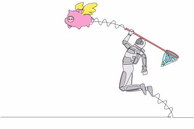 Genç astronot kelebek ağıyla uçan domuz kumbarasını yakalamaya çalışıyor. Uzay gemisi yatırımları için tasarruf. Kozmonot uzayı. Tek çizgi tasarım vektör çizimi